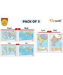 Set of 3 | 2 IN 1 INDIA POLITICAL AND PHYSICAL MAP IN HINDI, 2 IN 1 WORLD POLITICAL AND PHYSICAL MAP